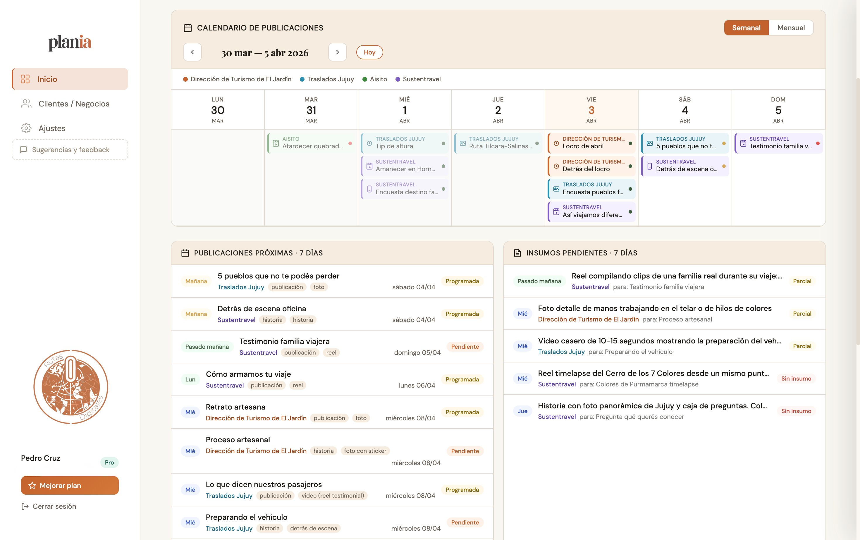 Dashboard de PlanIA — publicaciones próximas, insumos pendientes y clientes recientes
