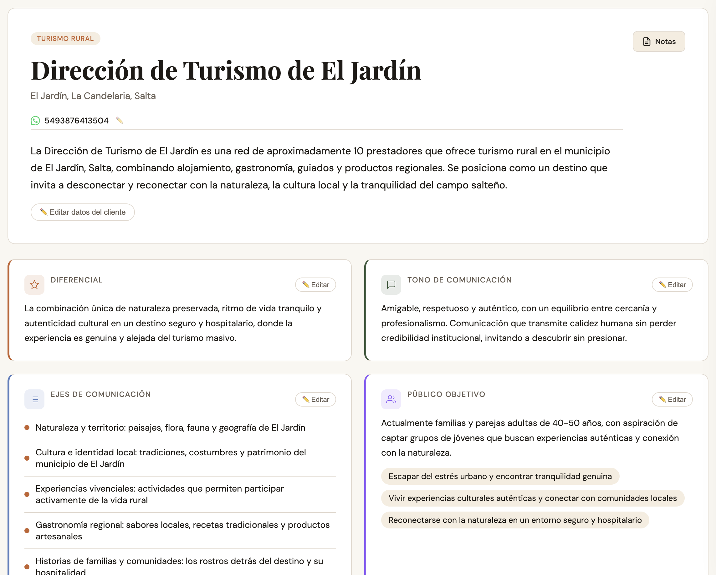 Perfil estratégico del cliente en PlanIA — diferencial, tono, ejes y público objetivo