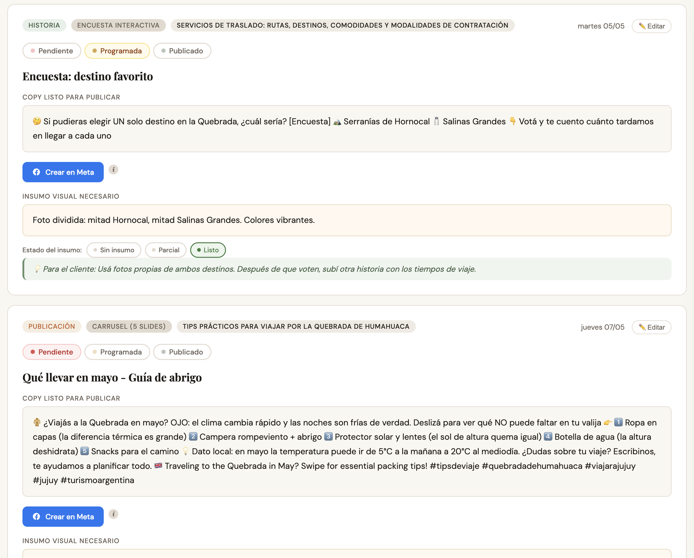 Plan de contenidos mensual generado con PlanIA — vista lista con copy completo